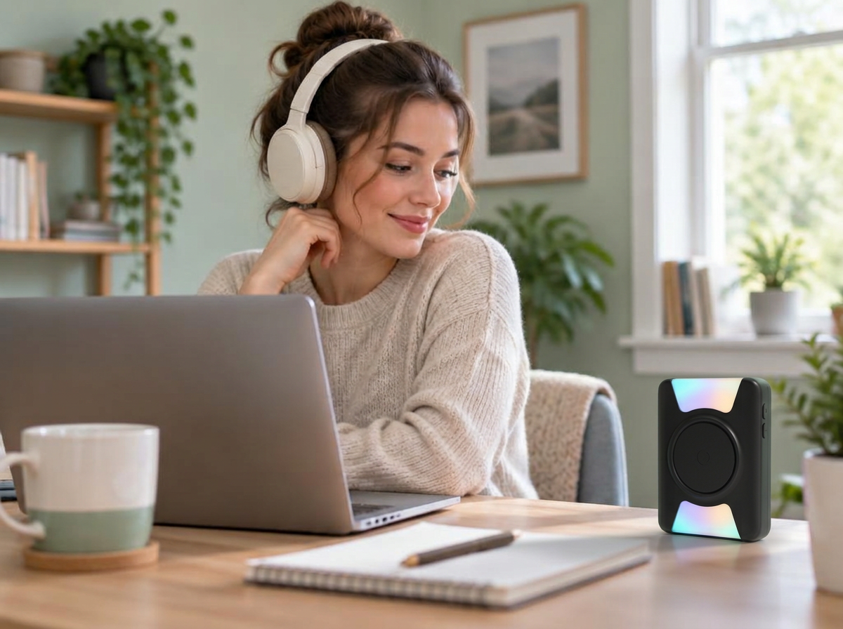 ChimeSafe receiver glowing on a desk beside a laptop while a woman works wearing headphones