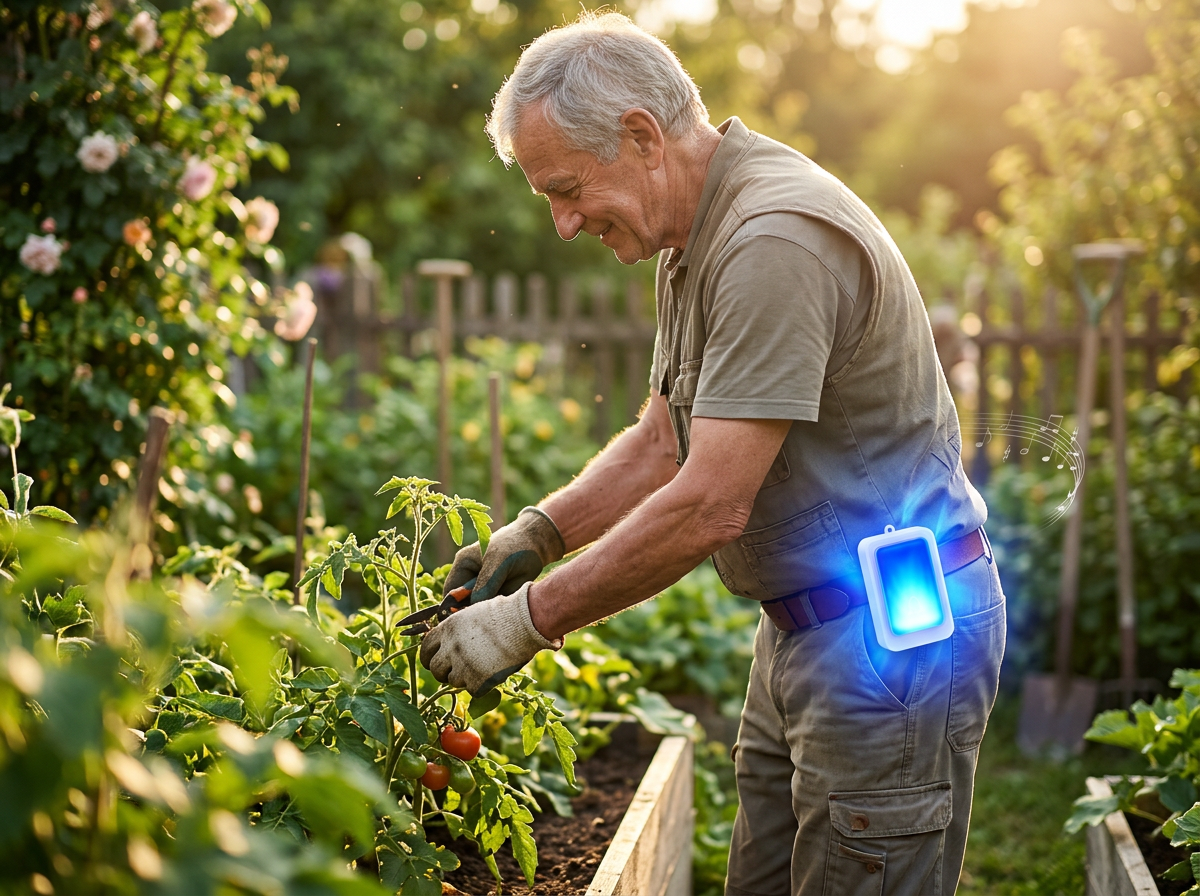 Man gardening while the ChimeSafe receiver clipped to his belt flashes a bright blue alert