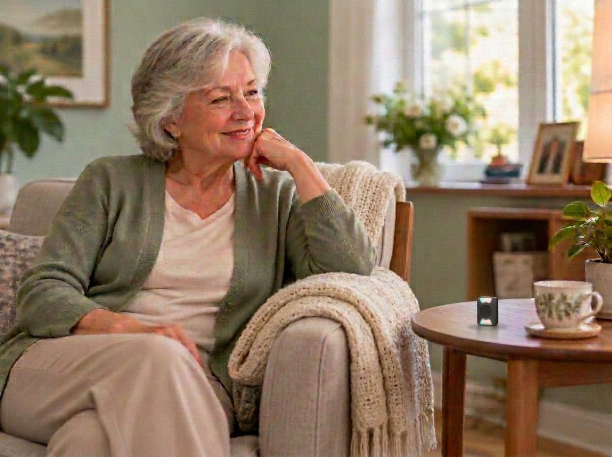 ChimeSafe receiver glowing on a side table beside an older woman seated in an armchair