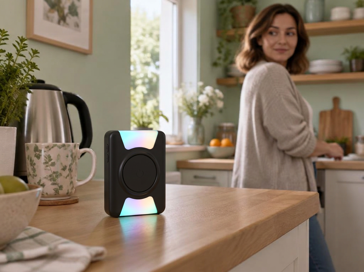 ChimeSafe receiver glowing on a kitchen worktop while a woman turns towards it